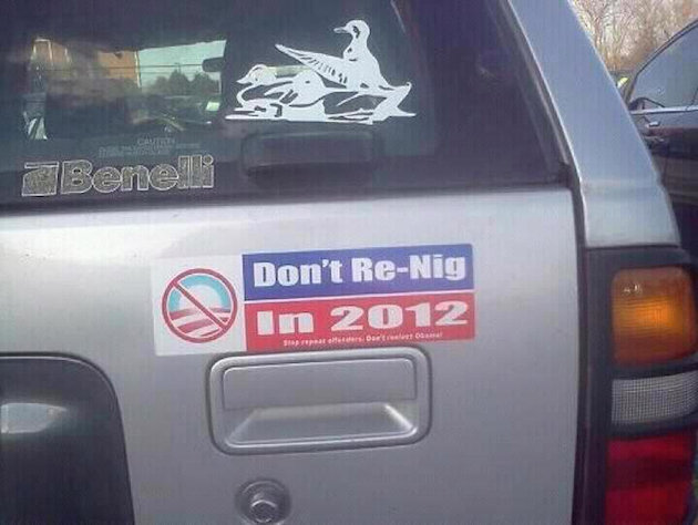An image purporting to show a racist antiObama bumper sticker on the back 