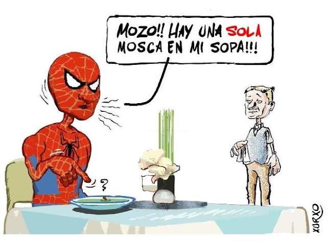 viñeta del hombre araña tomando sopa en un restaurante