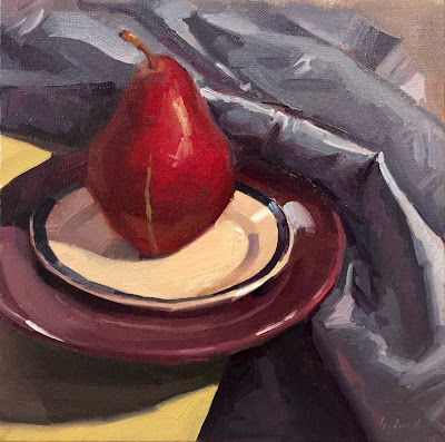 art oil painting still life red pear by sarah sedwick