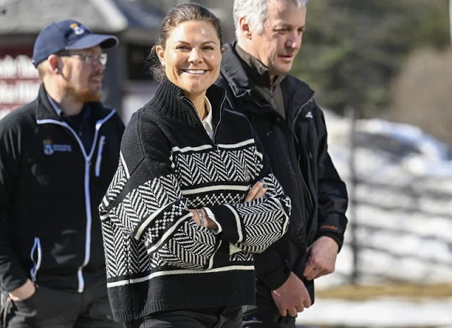 Crown Princess Victoria wore a new black and white ski fair isle jumper, sweater by Soft Goat. Princess Estelle