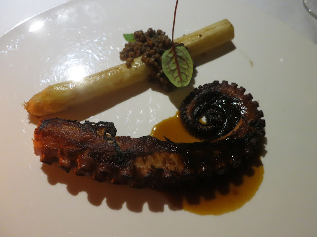 Smoked Octopus with White Asparagus, Beluga Lentils and Saffron