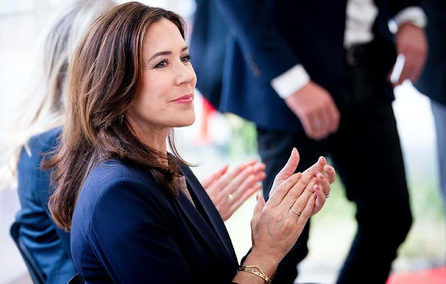 Crown Princess Mary wore new navy double-breasted blazer and flared trousers by Imperial Fashion