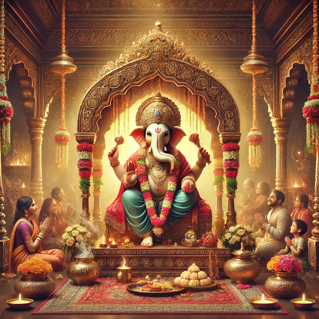 "A serene Ganesh Chaturthi scene featuring a beautifully adorned idol of Lord Ganesha seated in a decorative pavilion. The idol is decorated with vibrant garlands, flowers, and traditional ornaments. Devotees, including families and children, are offering prayers with trays of sweets and offerings like modaks. Incense smoke and lamps add a spiritual glow, with a backdrop of traditional Indian patterns and soft lighting, creating a peaceful and festive atmosphere."