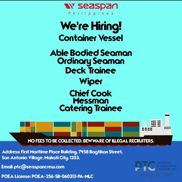 Hiring Messman, Cook, Wiper, Deck Cadet, O/S, Able Seaman For Container ...