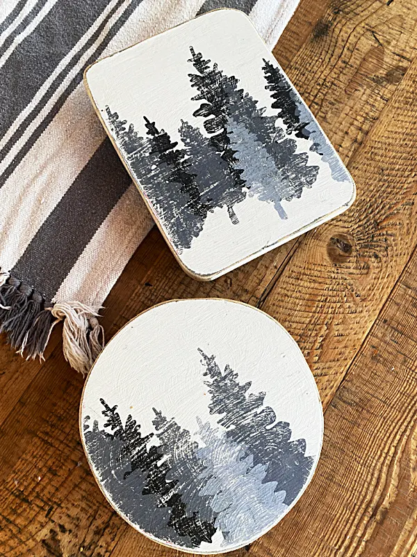 table risers with distressed trees