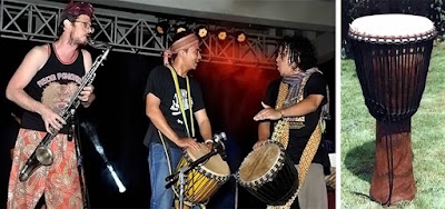 Djembe, merupakan alat musik perkusi asal Afrika Barat dan dipukul menggunakan tangan kosong (seperti conga).