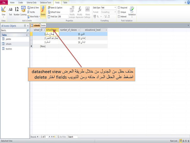 حذف حقل- delete fielde عن طريق طريقة العرض datasheet view  في الاكسيس Microsoft access