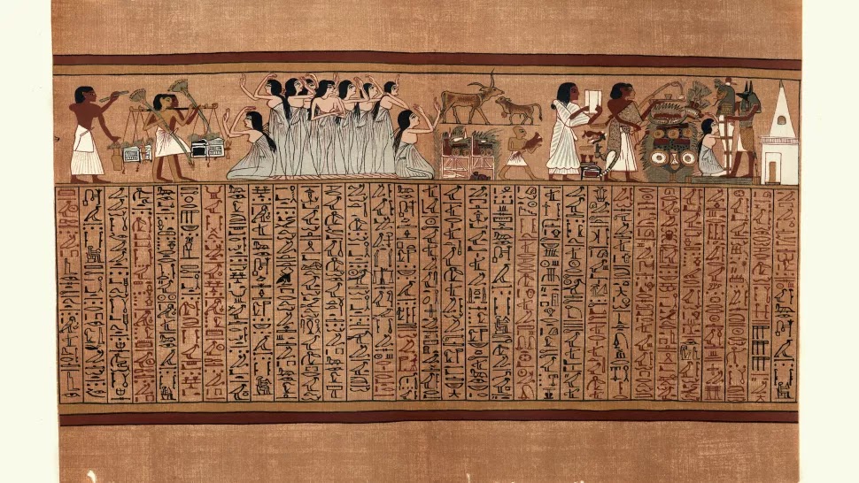Μια εικονογράφηση από τον Πάπυρο του Ani, που χρονολογείται στη 19η δυναστεία του Νέου Βασιλείου της αρχαίας Αιγύπτου, περίπου το 1250 π.Χ. Δεν υπάρχουν δημοσιευμένες εικόνες του νεοανακαλυφθέντος παπύρου της Βίβλου των Νεκρών που βρέθηκε στη Σακκάρα.