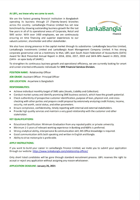 LankaBangla Finance Ltd. Recruitment Circular 2021 - www.lankabangla.com