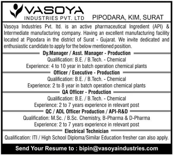 Job Availables,Vasoya Industries Pvt. Ltd Job Vacancy For BE/ B.Tech. Chemical/ BSc/ MSc/ ITI/ Diploma/ B.Pharm/ D.Pharm- Freshers/ Experienced