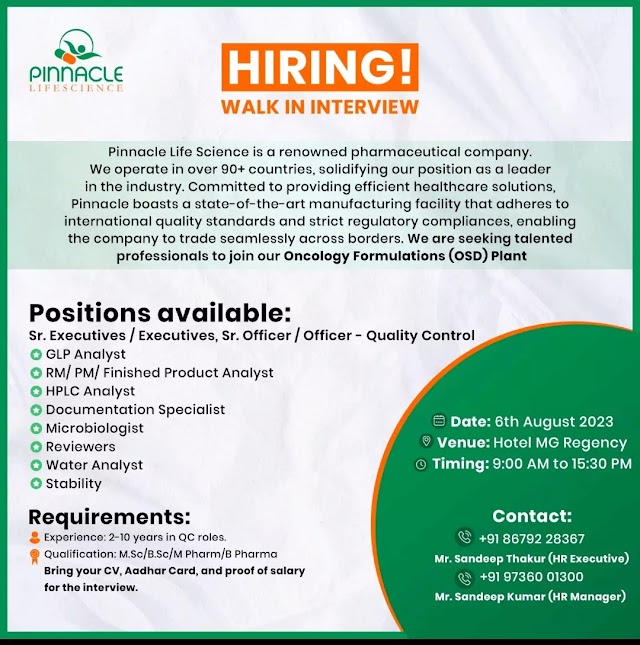 Pinnacle Life Sciences | Walk-in Interview at Baddi for Multiple Positions in QC on 6th Aug 2023