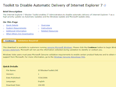 Toolkit to Disable Automatic Delivery of Internet Explorer 7