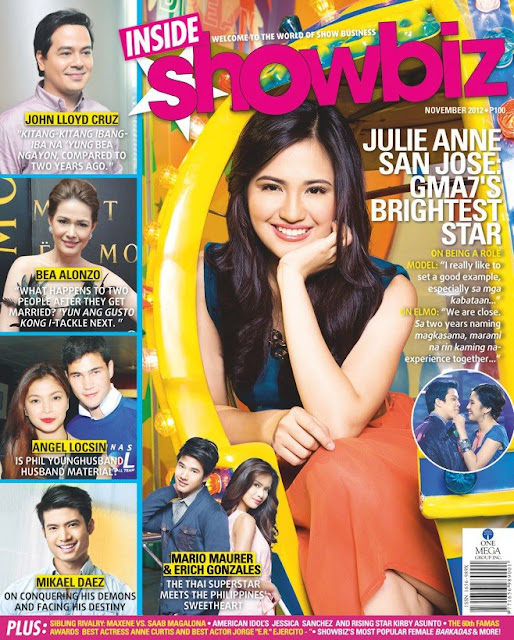 Julie Ann San Jose Covers Inside Showbiz Magazine November 2012 Issue plus juicy news about Angel Locsin and Phil Younghusband, John Lloyd and Bea, and Mario Maurer and Erich Gonzales