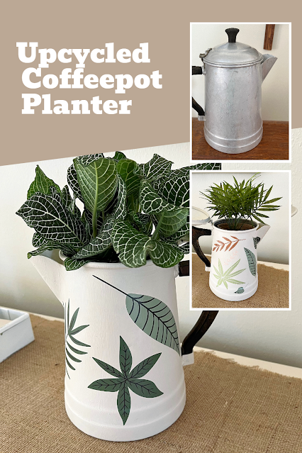 Photo collage of upcycled coffeepot planter.