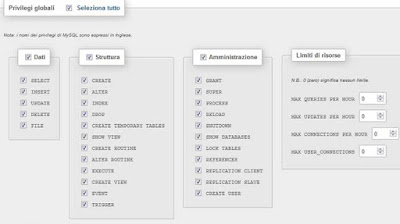 Creare un utente phpmyadmin privilegi globali