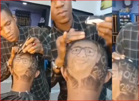 Peter obi ally wows netizens as he handily cuts Peter Obi's face on client's hair [Video]