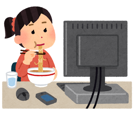 パソコンの前でご飯を食べる人のイラスト（女性）