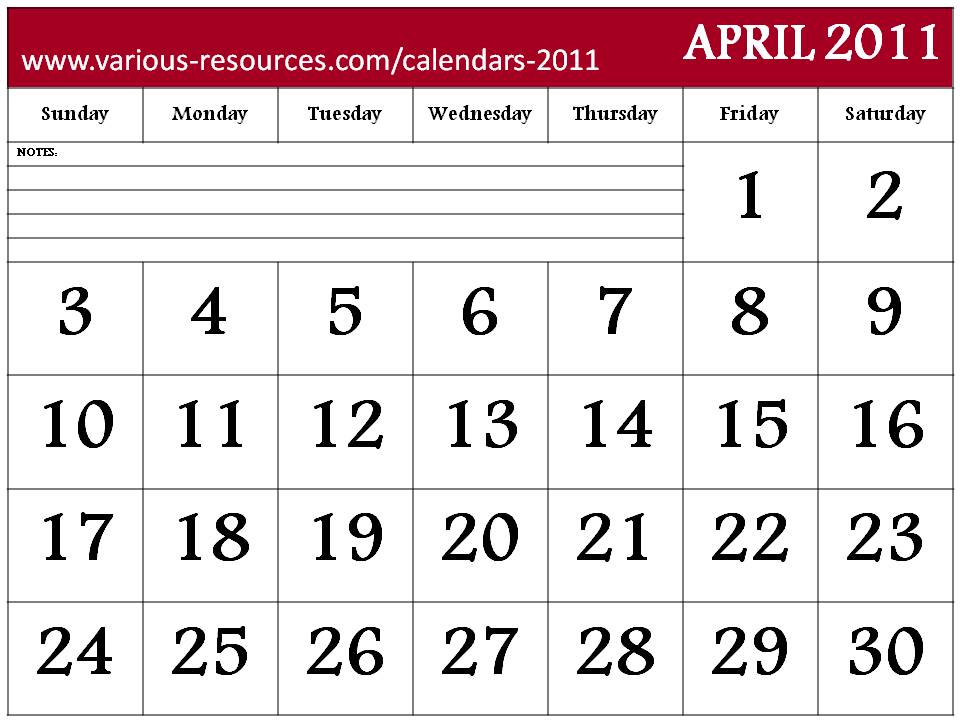 calendar april 2011. Free 2011 Calendar April month