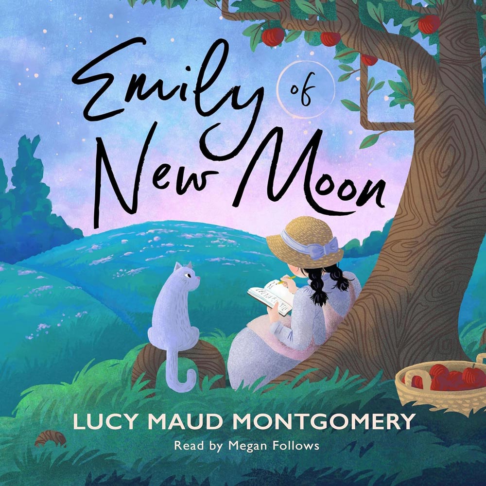 Emily of New Moon Audiobook showing artwork of a young girl writing in a book and seated under a tree with a new moon in the background