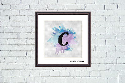 Letter C blue watercolor pastel cross stitch pattern