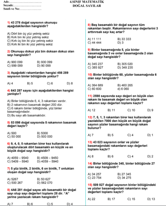 4. Sınıf, Matematik, Doğal Sayılar