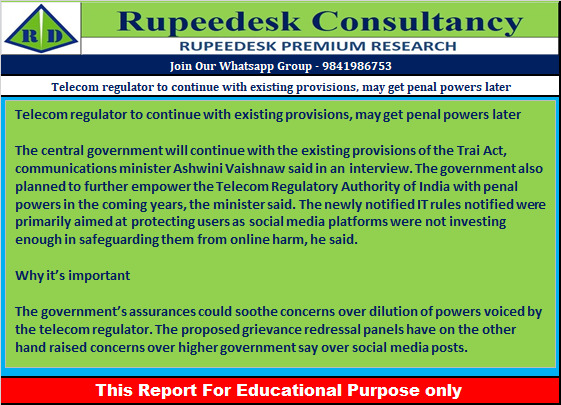 Telecom regulator to continue with existing provisions, may get penal powers later - Rupeedesk Reports - 31.10.2022