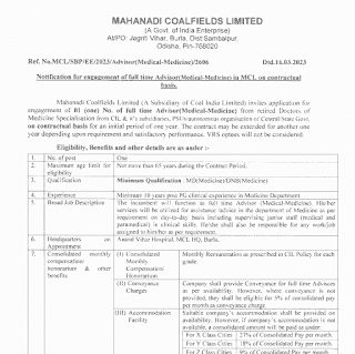 MAHARATNA COMPANAY MAHANADI COALFIELDS VACANCY 2023 | महारत्न कम्पनी महानदी कोलफील्ड में वेकेंसी