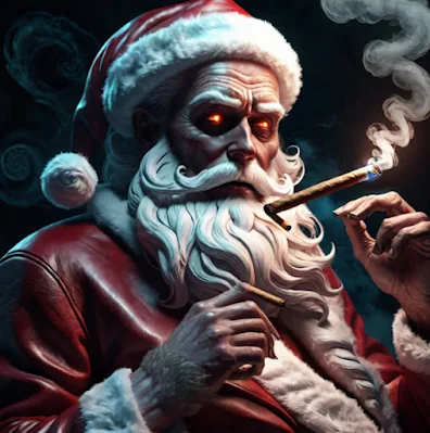 Santa Claus wearing a red leather suit and hat with a cigar hanging out his beard and glowing red eyes