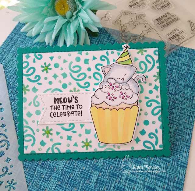 Meow's the time to celebrate by Diane features Confetti and Newton's Cupcake by Newton's Nook Designs; #inkypaws, #newtonsnook, #cardmaking, #catcards, #birthdaycards