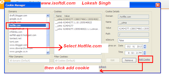select hotfile cookie in cookie manager