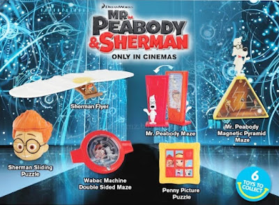 McDonalds Mr Peabody and Sherman Happy Meal Toys 2014 Australia and New Zealand promo set of 6 toys including Mr Peabody Magnetic Pyramid Maze, Wabac Machine Double Sided Maze, Penny's Picture Puzzle, Mr Peabody Maze, Sherman Flyer and Sherman Sliding Puzzle