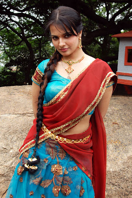 Saloni Hot Navel Show in Red Half Saree Photos