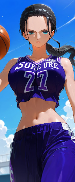 Nico Robin mặc trang phục màu xanh, tay cầm quả bóng rổ di chuyển Nico Robin mặc trang phục màu xanh, tay cầm quả bóng rổ di chuyển