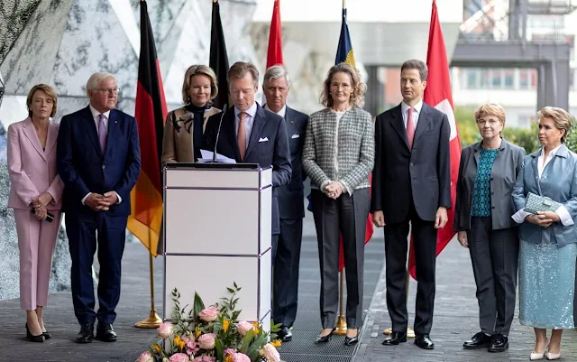 Queen Mathilde wore an embroidered coat by Esmeralda Ammoun.   Elke Buedenbender, Viola Amherd, and Maria Teresa