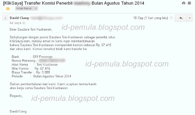 Bukti Pembayaran Kelima dari KlikSaya.com