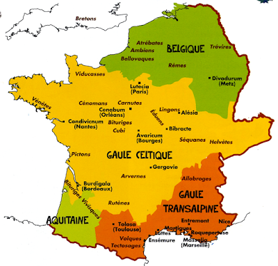 La répartition des principaux peuples gaulois sur le territoire des Gaules vers 60 avant notre ère.