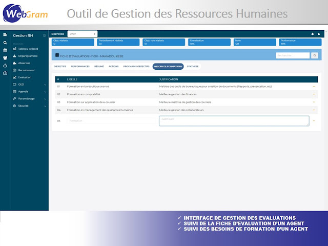 Le Meilleur logiciel de Gestion des Ressources Humaines (GRH), WEBGRAM, meilleure entreprise / société / agence  informatique basée à Dakar-Sénégal, leader en Afrique du développement de solutions de Gestion des Ressources Humaines, RH, GRH, Gestion des ressources humaines, Suivi des ressources humaines, Gestion administrative des salariés et collaborateurs, Gestion disponibilités, Congés et absences des employés, Suivi des temps de travail et du temps passé par activité des agents, Suivi et consolidation des talents, compétences, parcours et formations du personnel, Gestion de projet et d'équipes, Gestion de la performance, Définition des objectifs, Formation du personnel, Gestion du processus de recrutement, Administration et logistique, Gestion des plannings, Gestion des demandes de missions, des déplacements et des dépenses de voyages professionnels. Ingénierie logicielle, développement de logiciels, logiciel de Gestion des Ressources Humaines, systèmes informatiques, systèmes d'informations, développement d'applications web et mobiles.