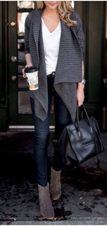 fall fashion trends / cozy cardigan + bag + jeans + boots + top