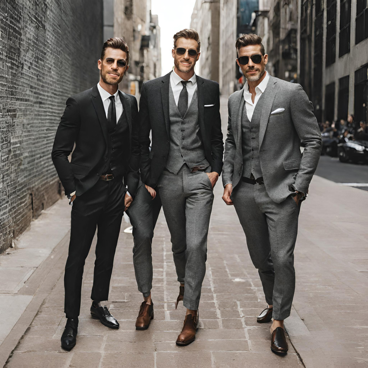 スーツを着てサングラスをかけた三人の男性が立っている