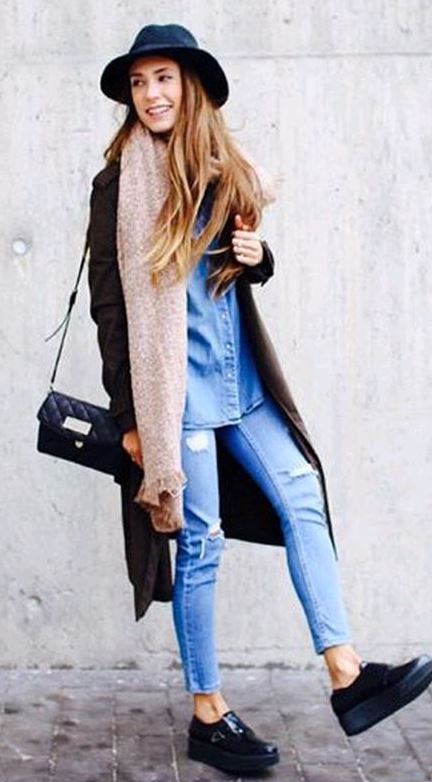 what to wear with a denim shirt : hat + coat + bag + scarf + rips + boots