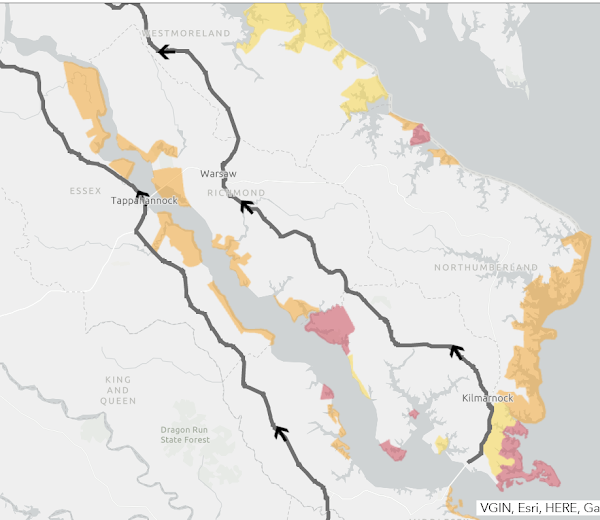 View of the southern Northern Neck, showing Know Your Zone evacuation areas