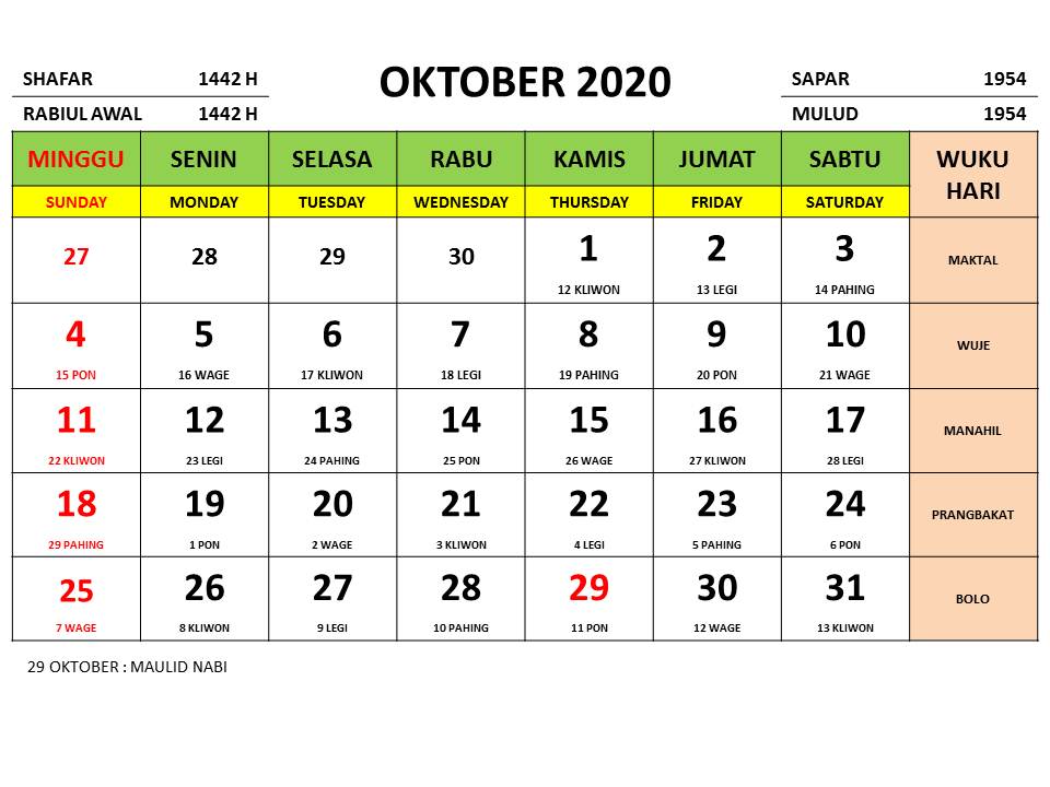 KALENDER 2020 INDONESIA JAWA LENGKAP 12 BULAN DENGAN 