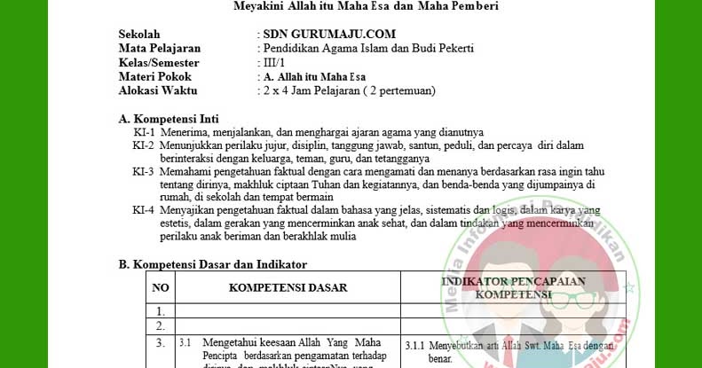 RPP PAI SD Kelas 3 Kurikulum 2013 Semester 1 Revisi 2018