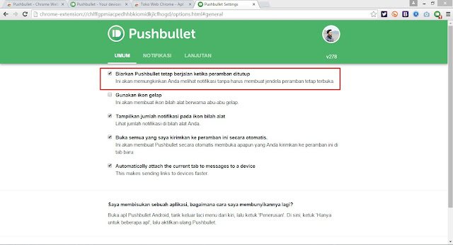 biarkan pushbullet tetap berjalan ketika browser di tutup