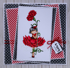 Bold red and black layered card with Tiny Townie Garden Girl Carnation by Stamping Bella