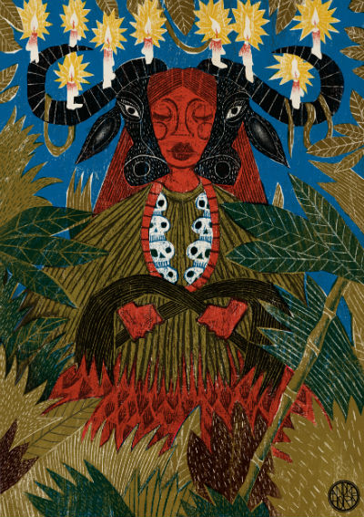 Rappresentazione di Oyà, insieme al suo animale mistico, il bufalo