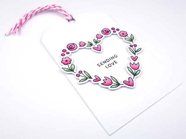 Handcrafted cards and tags with pretty floral wreath (stamps/dies are Floral Hearts by Pretty Pink Posh)