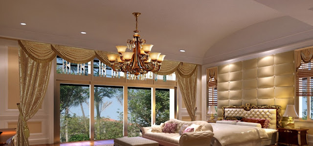 Modern bedroom curtains in golden style for great interior