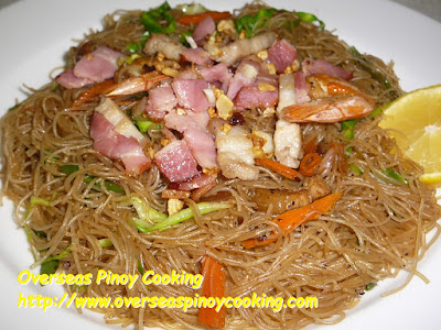 Pansit Bihon Gisado Topped with Bacon Dish