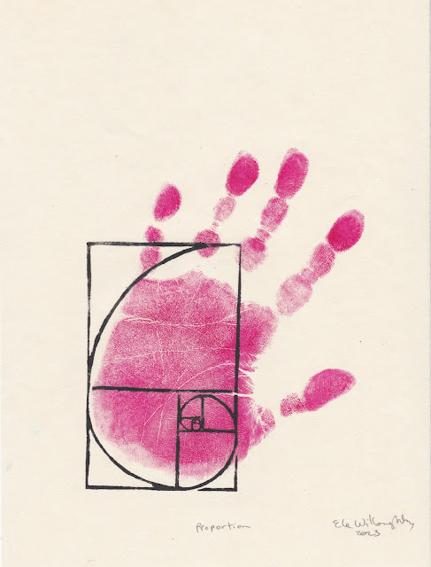 Proportion, 9" x 12" linocut with handprint by Ele Willoughby